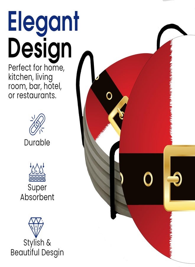 DAJDC Santa Claus Belt Christmas Holiday Season Round Coasters Set of 6 - Abosrbent Ceramic Coasters with Metal Stand for Drinks, Coffee, Non-Slip Cork Back for Tabletop - Image 5